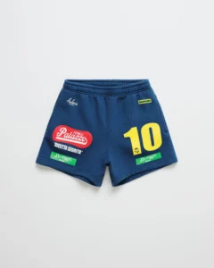 Front view of Jon & Vinny's Palazzo Fleece Short in Nocturnal color featuring bold graphic prints.