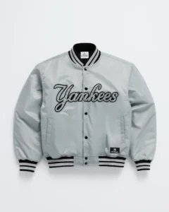 Front view of Yankees Down Baseball Jacket in graphite featuring botton down jacket.